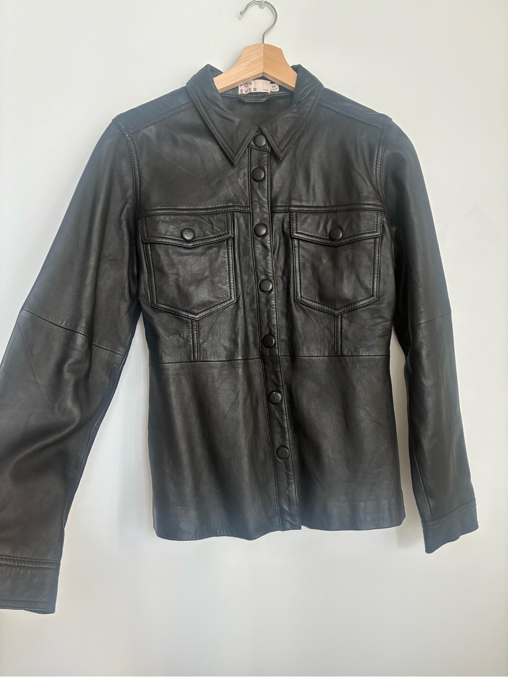 Leather button-up shirt jacket - black